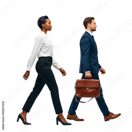 Man and woman in business attire walking, isolated on transparent background