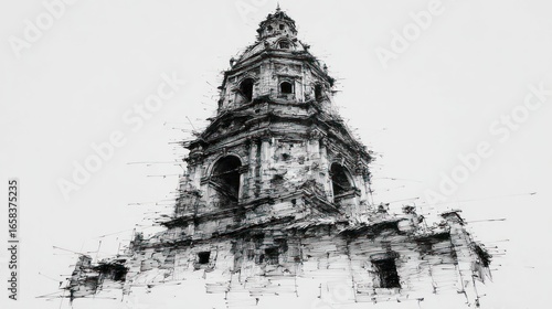 Ornate church tower sketched from low angle with artistic, stylized lines