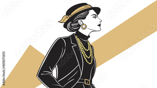 Elegant woman in hat and suit vector illustration for fashion and style blog and design projects use case