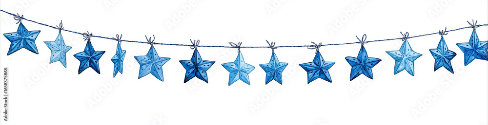 Obraz premium A string of blue watercolor stars hanging against a white background
