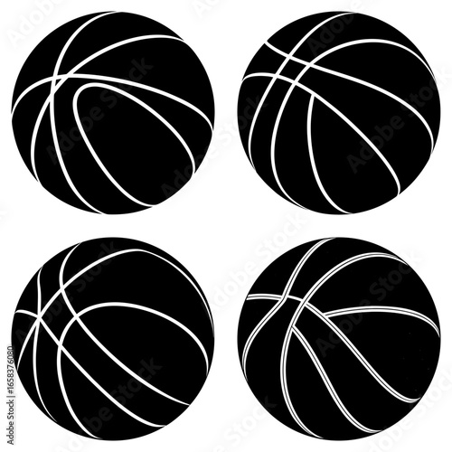 Four black basketballs with white lines arranged in a square pattern on a white background image design