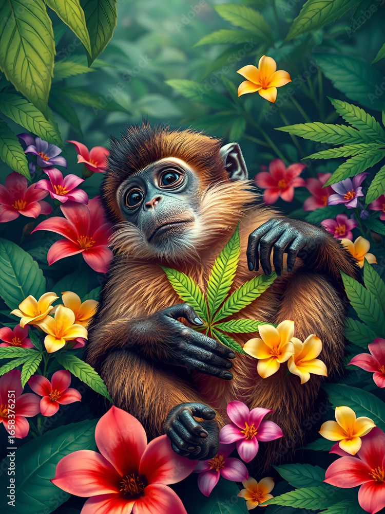 Obraz premium Vibrant jungle foliage surrounds a carefree capuchin monkey, indulgently lounging amidst colorful flowers, tenderly holding a cannabis leaf in its agile hands, exuding bliss.