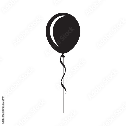 Vector art of black silhouette of a single balloon with a ribbon, isolated on white background, symbolizing celebration and joy