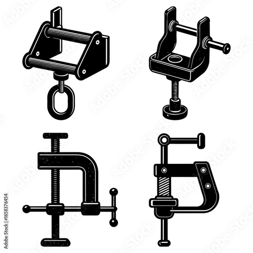 Illustration showing four different types of clamps in black and white vector design style tool equipment