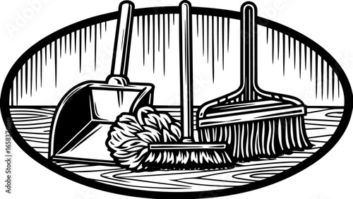 Cleaning supplies illustration featuring broom dustpan and feather duster for home and office cleaning needs