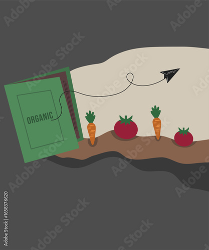 Flat Design Organic Illustration with Book at Carrot,Tomato Background and Pont
