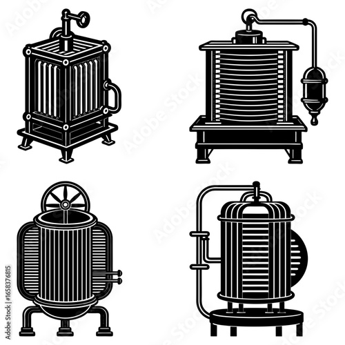Illustration showing four different industrial distillation machines in black and white design style