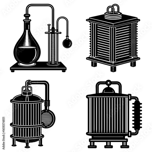 Illustration of four different distillation apparatuses in black and white line art style design format