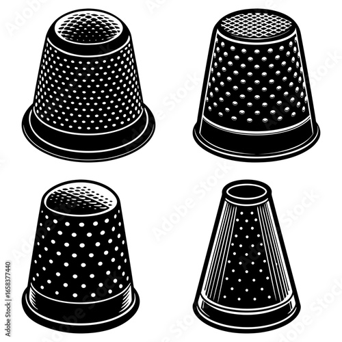 Illustration showing four different thimbles with varying designs and patterns in a black and white style
