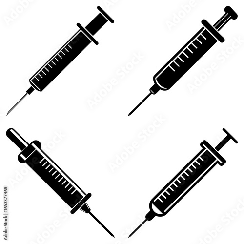 Four black and white syringe illustrations angled on a white background with visible needles and plungers