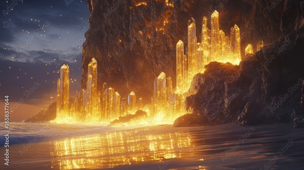 Fototapeta premium Golden crystal formations emerge from a coastal cliff at sunset