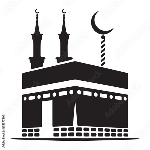 Islamic pilgrimage and religious symbols Kaaba mosque. Vector black silhouette. with white background