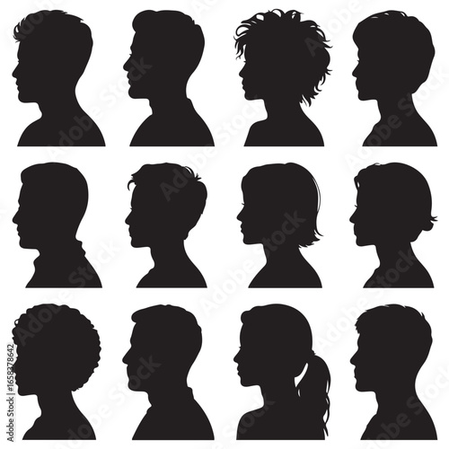 Silhouettes of diverse men and women showcasing various hairstyles, emphasizing diversity and individuality on a neutral. Vector black silhouette. with white background