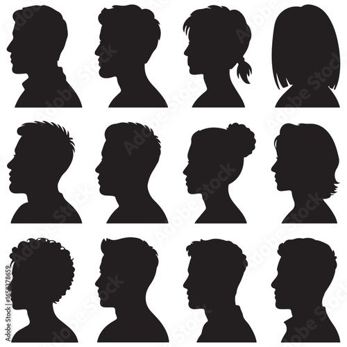 Silhouettes of diverse men and women showcasing various hairstyles, emphasizing diversity and individuality on a neutral. Vector black silhouette. with white background