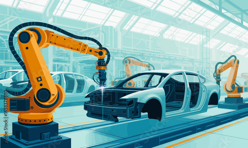 Automotive assembly line featuring robotic arms welding car frames in a modern factory, showcasing manufacturing automation and industrial technology