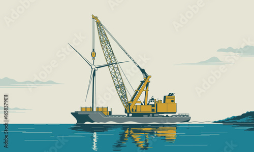 Offshore wind turbine installation with crane vessel illustration for sustainable energy and maritime engineering projects