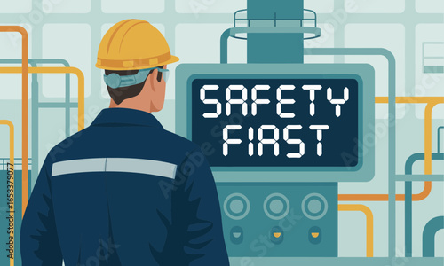 Worker wearing hard hat and safety glasses looking at safety first sign in industrial plant environment, promoting workplace safety and accident prevention