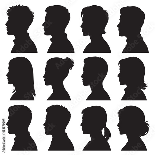 Silhouettes of diverse men and women showcasing various hairstyles, emphasizing diversity and individuality on a neutral. Vector black silhouette. with white background