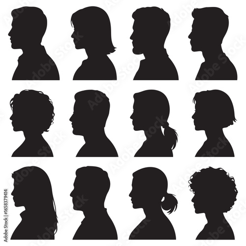 Silhouettes of diverse men and women showcasing various hairstyles, emphasizing diversity and individuality on a neutral. Vector black silhouette. with white background