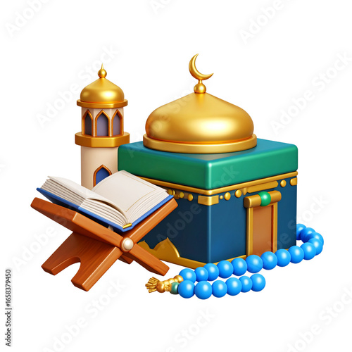Colorful Decorative Islamic Devotion Icons in Cartoon Style, transparent background