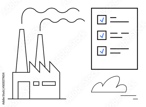 Factory with twin smokestacks beside a checklist with checkmarks representing compliance and standards. Ideal for industry, sustainability, regulation, productivity, efficiency, responsibility