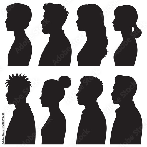 Silhouettes of diverse men and women showcasing various hairstyles, emphasizing diversity and individuality on a neutral. Vector black silhouette. with white background