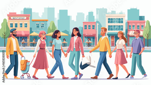 Diverse group of friends and couples walking down a city street