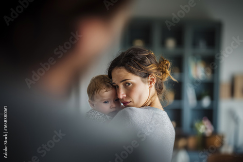 A woman is holding a baby and looking sad