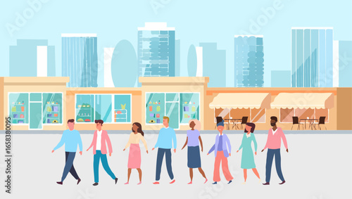 Diverse group of people walking down a city street in front of shops and cafes