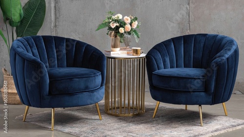 Pair of navy blue velvet accent chairs with gold legs.