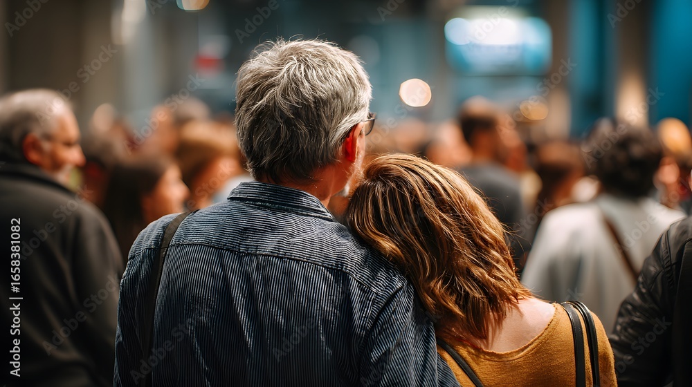 Obraz premium Couple Embracing in a Crowded Event with Soft Focus and Warm Lighting Creating an Intimate Atmosphere