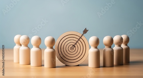 Photo of wooden figures surrounding a target with an arrow hitting the bullseye