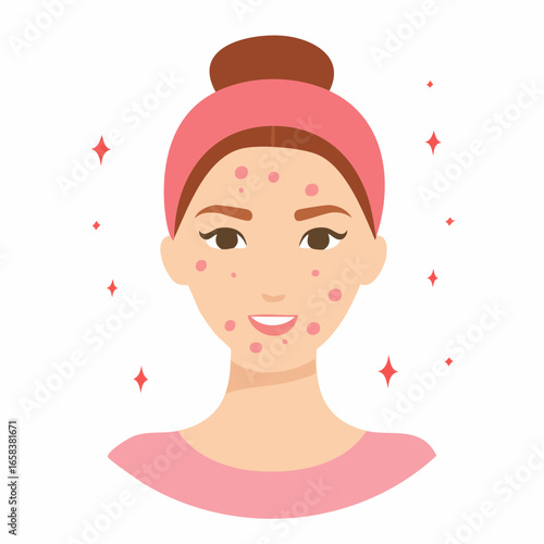 Young woman with acne blemishes and sparkling skin care effects