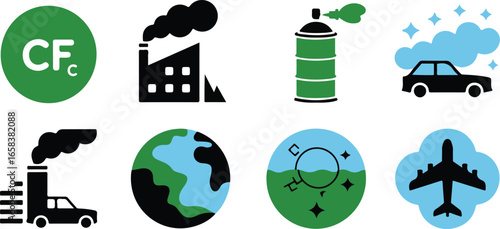 Air Pollution and Environmental Damage Icons Set Representing Climate Change