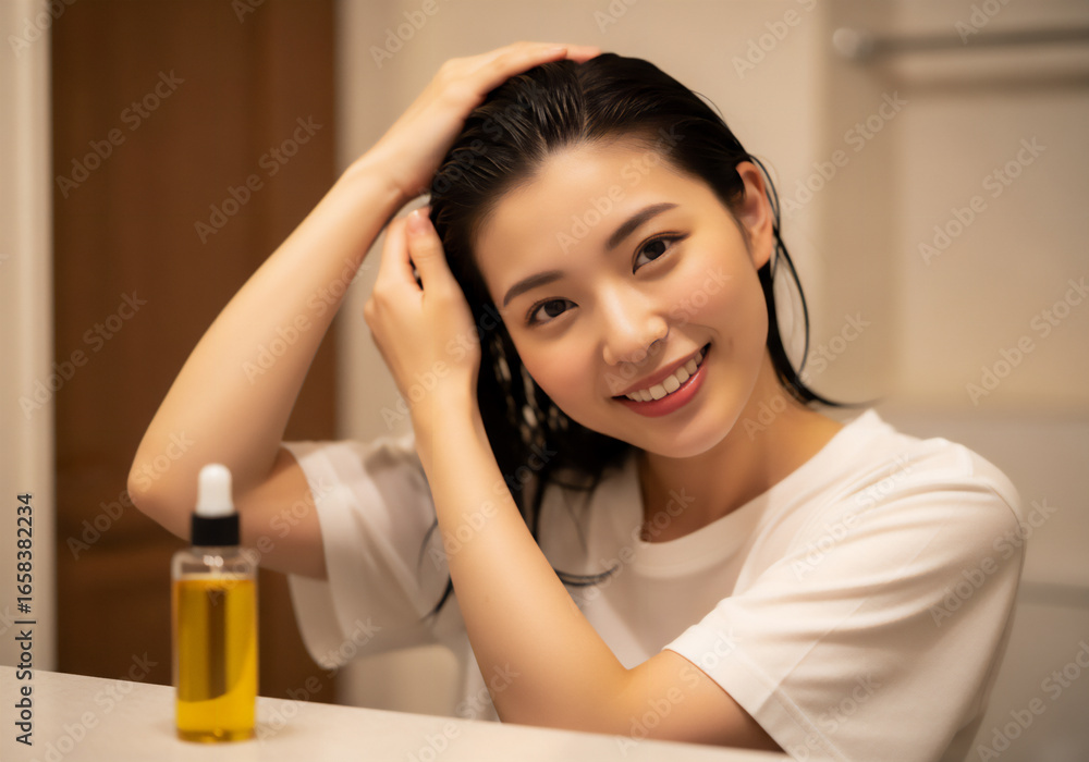 Fototapeta premium 女性のナイトルーティン・スキンケアとヘアケアの様子