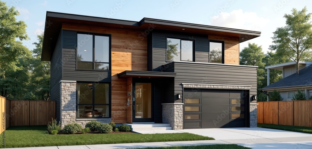 Fototapeta premium Modern two-story house exterior features wood, stone siding, dark window frames, sleek garage door. Landscaped front yard with green lawn, walkway leading to front door. Represents new construction,