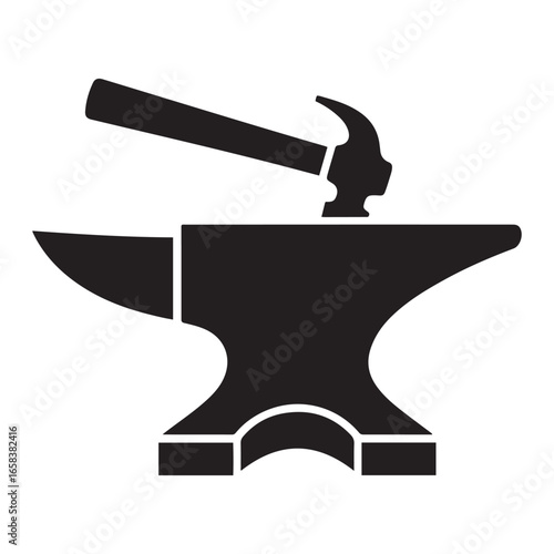 Black Silhouette Anvil and Hammer Metalworking Tool Icon Graphic Design Element. Vector black silhouette. with white background