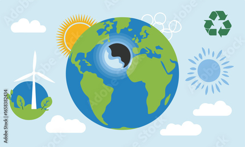 Earth with Ozone Hole and Renewable Energy Sources Representing Environmentalism
