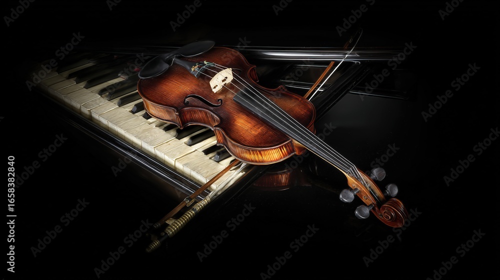 Fototapeta premium Elegant arrangement of classical instruments, violin and piano keys glowing with timeless musical charm.