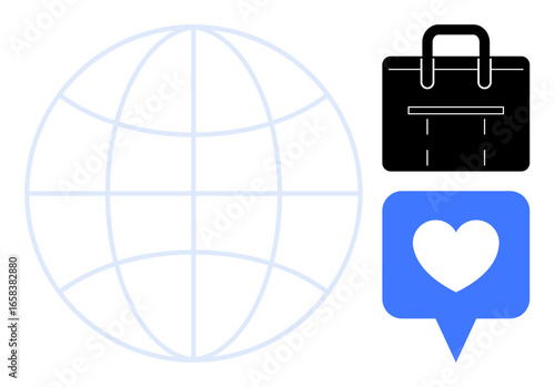 Globe outline, briefcase, and heart in speech bubble. Ideal for networking, business, global trade, social media, marketing digital communication and collaboration. A simple flat metaphor