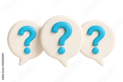 Three glossy blue question marks on light speech bubbles isolated concept art transparent background