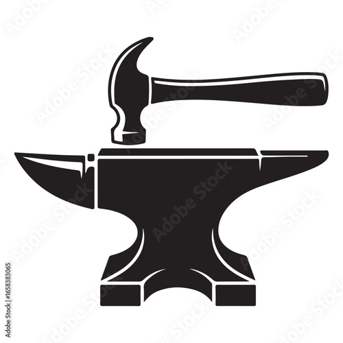 Black Silhouette Anvil and Hammer Metalworking Tool Icon Graphic Design Element. Vector black silhouette. with white background