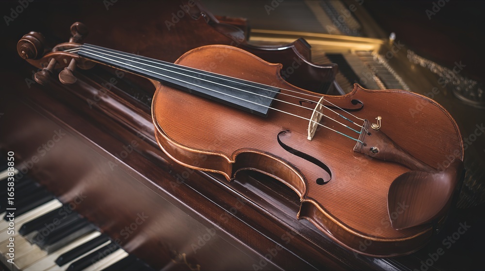 Fototapeta premium Elegant arrangement of classical instruments, violin and piano keys glowing with timeless musical charm.
