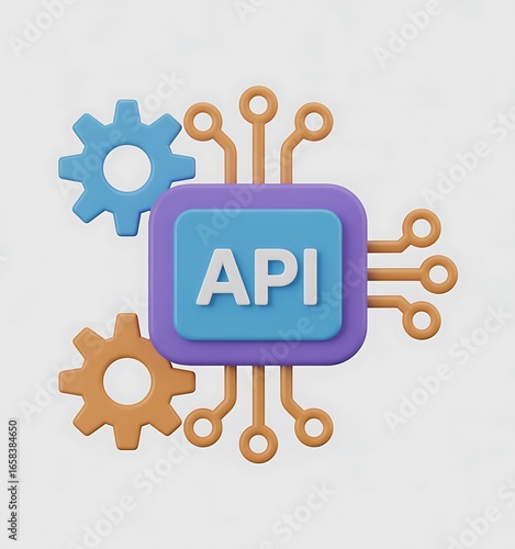 3D API Icon – Application Programming Interface Symbol with Gears and Circuit Connections