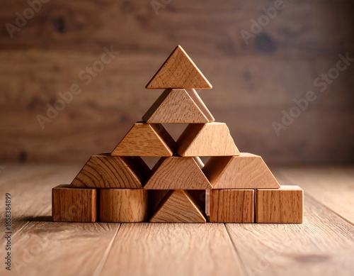 Wooden geometric shapes pyramid on a wooden table