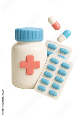 Medicine bottle and blister packs of pills with floating capsules healthcare concept transparent background