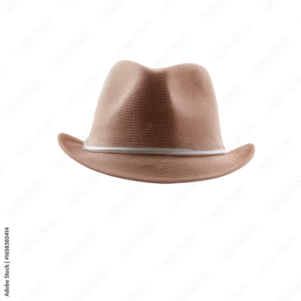 A stylish brown fedora hat with a thin white band, featured on a white isolated background for clear visibility and emphasis on design. A stylish brown fedora hat with a thin white band, featured on a white isolated background for clear visibility and emphasis on design.