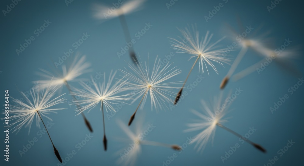 Naklejka premium Delicate dandelion seed heads float against a blurred, teal-blue background, capturing a moment of ethereal beauty and movement