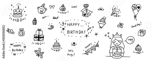 Set of hand drawn birthday element line doodle. Illustration vector design.