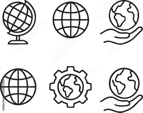 Six icons featuring globes and hands, and a gear globe